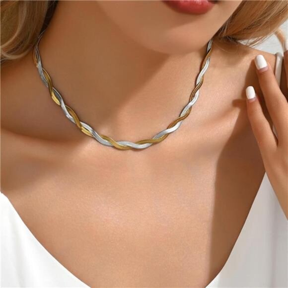 18K Gold Plated Snake Chain Herringbone Necklace Layered Double Chain Choker - Picture 4 of 7